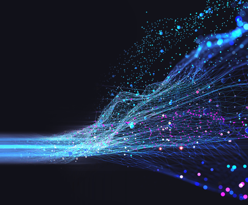 Visualization of data flowing from left to right exploding into colors
